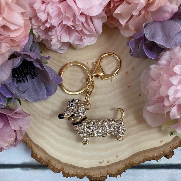 Silver Crystal Hot Dog Puppy Keychain Charm - Picture 3 of 14